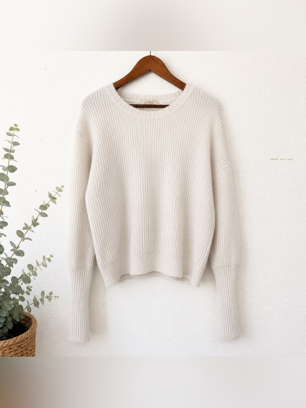 C'Isa Cream White Ribbed Knit Sweater Elongated Cuff Balloon Sleeve Small